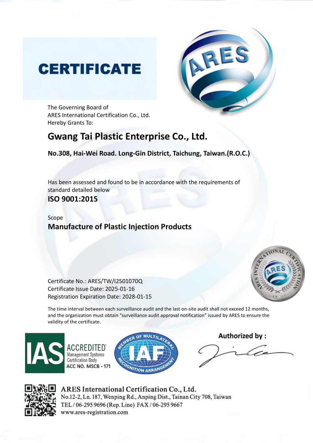 Gwang Tai Plastic ISO 9001:2015 Certificate (English)